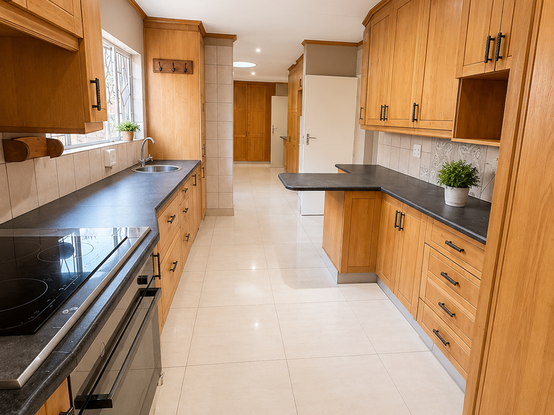 A well-maintained galley-style kitchen featuring warm-toned wooden cabinetry, dark laminate countertops, integrated appliances, and neutral tiled flooring throughout.