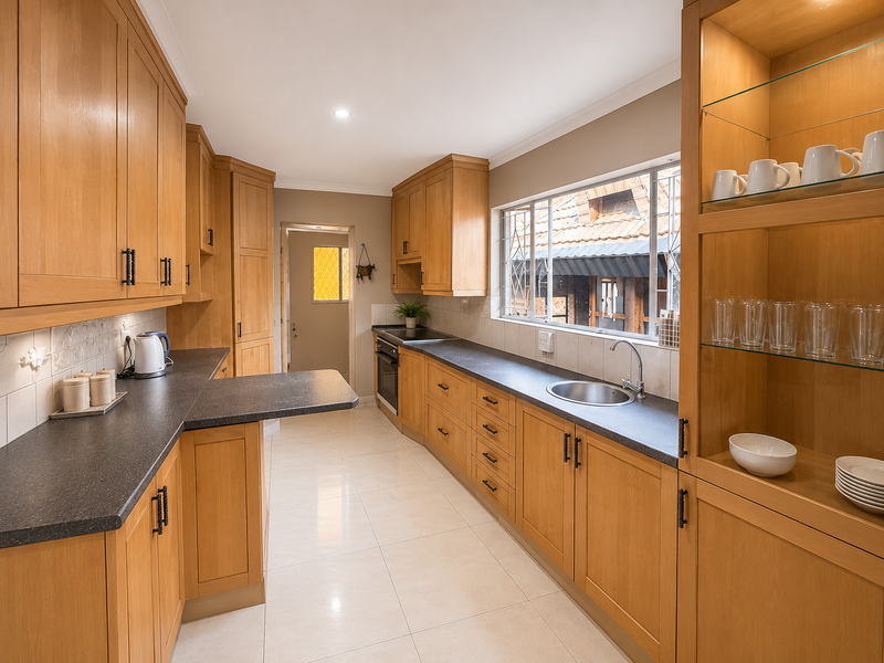 A well-maintained kitchen featuring warm-toned wooden cabinetry, dark laminate countertops, integrated oven, and tiled flooring with ample storage and display shelving.