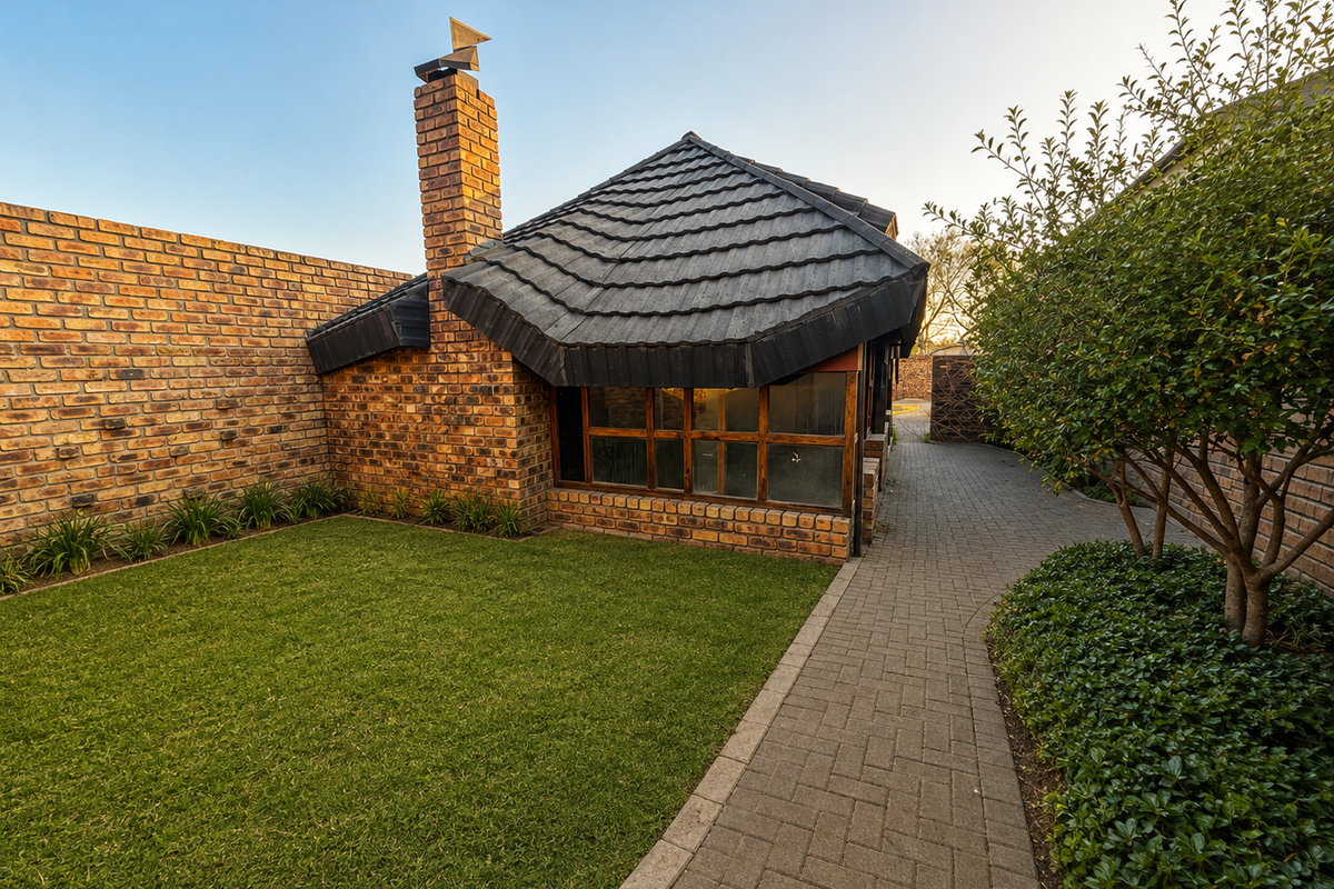A well-maintained rear garden area featuring a brick chimney, tiled roof structure, paved walkway, and established lawn.