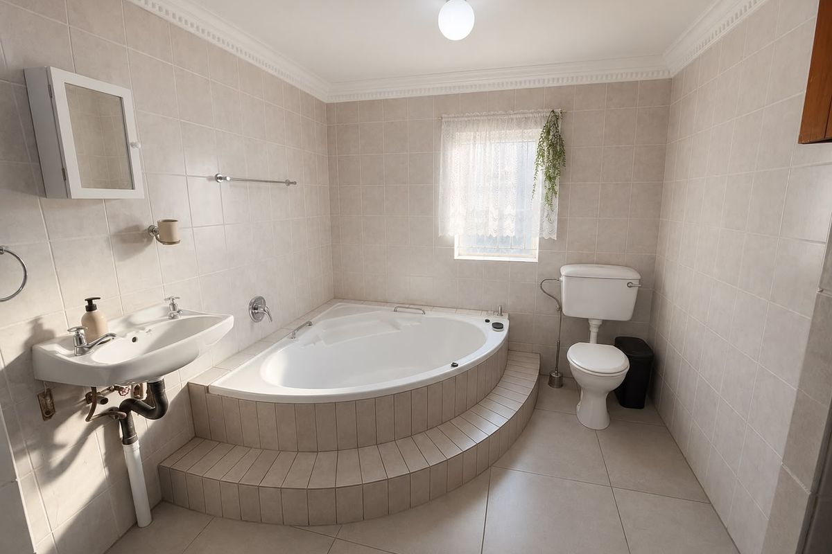 A functional bathroom featuring a corner bathtub, pedestal sink, and toilet with neutral wall and floor tiling.
