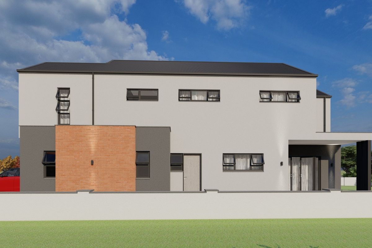 A modern two-story residential exterior featuring a combination of brick and rendered finishes, aluminium windows, and a clean, contemporary architectural design.