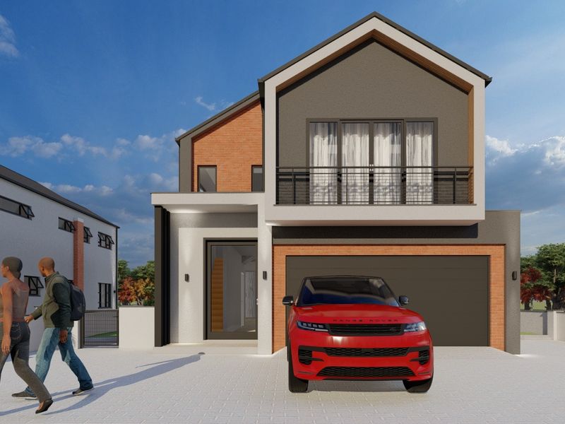 Modern double-story residential home featuring a brick and render facade, balcony, and integrated double garage with a paved driveway.