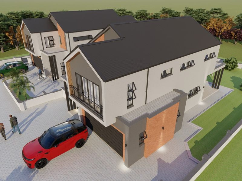 An aerial perspective of a modern residential property featuring a pitched roof, brick and plaster facade, and a paved driveway.