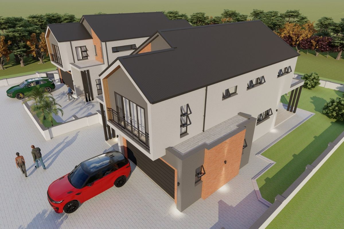 An aerial perspective of a modern residential property featuring a pitched roof, brick and plaster facade, and a paved driveway.