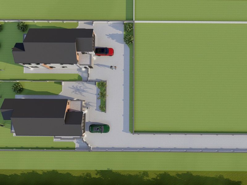 An aerial 3D render showing the site layout, including two residential buildings, paved driveway access, and surrounding garden areas.