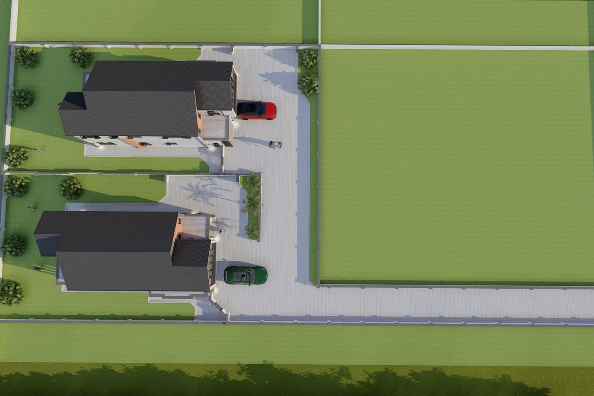 An aerial 3D render showing the site layout, including two residential buildings, paved driveway access, and surrounding garden areas.
