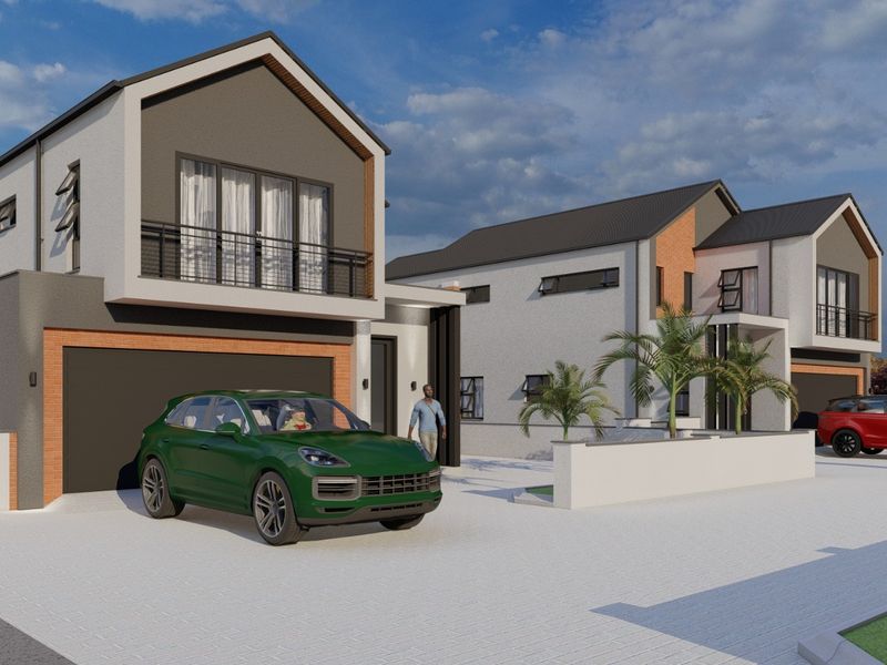 A modern architectural rendering of a residential development featuring double-storey homes with paved driveways, integrated garages, and private balconies.