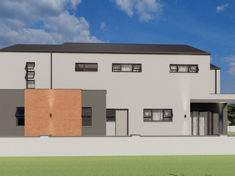 A modern two-story residential exterior featuring a combination of brick and rendered finishes, aluminium windows, and a clean, contemporary architectural design.