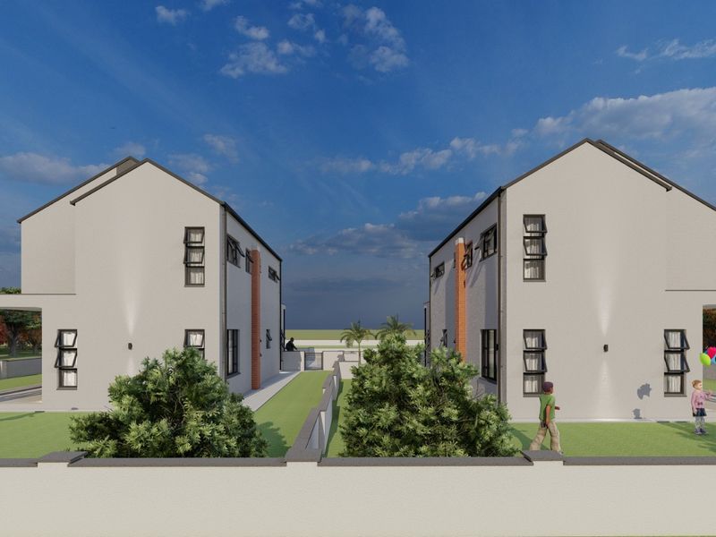 A digital rendering of two modern residential structures featuring gabled roofs, clean facade finishes, and landscaped garden areas.