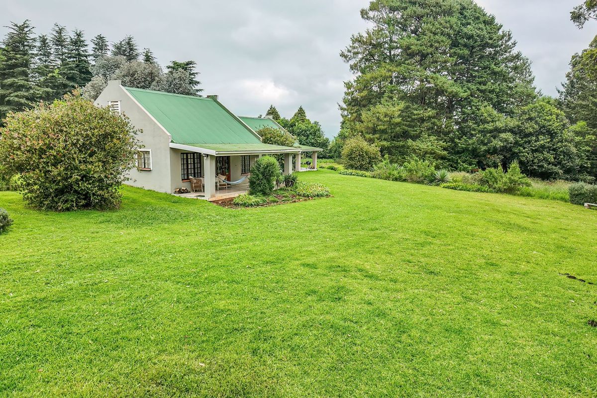 A view of the rear elevation of the house featuring a green metal roof and a covered patio overlooking a spacious, well-maintained garden.