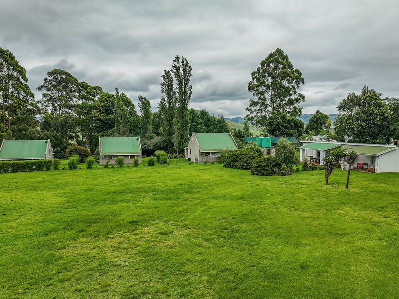 A wide-angle view of the property grounds featuring multiple detached residential structures with green metal roofs set within a large, well-maintained grassy landscape.