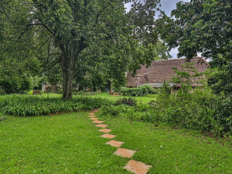 A lush, well-maintained garden featuring mature trees, a stone stepping path, and a view of a traditional thatched-roof house.