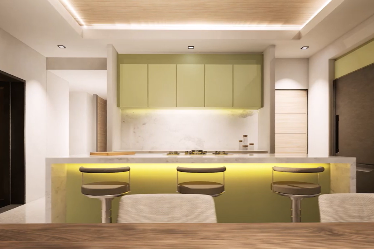 Modern kitchen featuring a central island with stone countertops, sage green cabinetry, integrated hob, and sophisticated recessed ceiling lighting.
