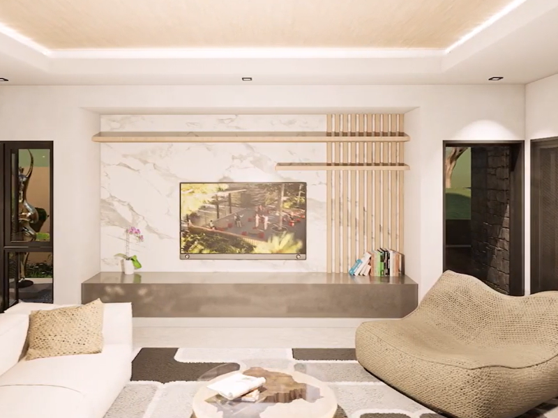 Modern living room featuring a marble accent wall, custom timber slat detailing, floating media console, and seamless access to an outdoor garden area.