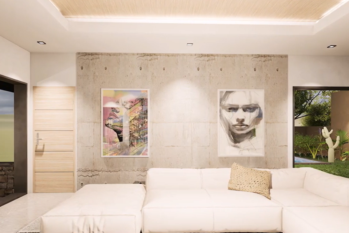 Modern living room featuring an exposed concrete feature wall, recessed ceiling lighting, and large sliding glass doors opening to outdoor garden areas.