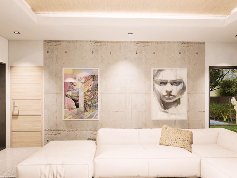 Modern living room featuring an exposed concrete feature wall, recessed ceiling lighting, and large sliding glass doors opening to outdoor garden areas.