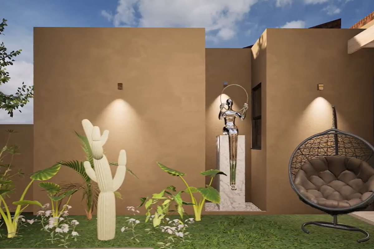 A modern, well-maintained rear exterior area featuring smooth plastered walls, integrated wall lighting, and a timber pergola structure.