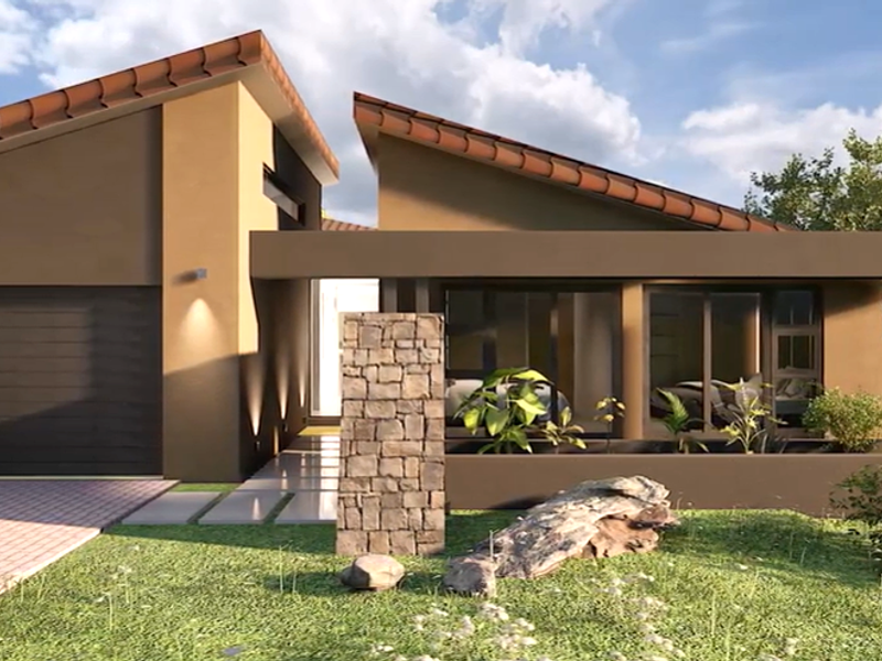 Modern single-story residential facade featuring a tiled roof, stone-clad architectural detail, paved driveway, and integrated garage.