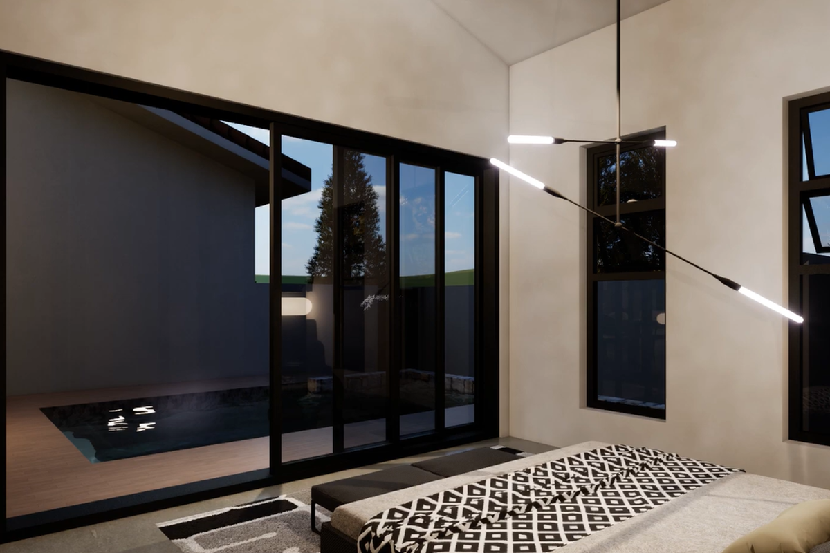 Modern bedroom featuring large sliding glass doors that open to a private pool area, complemented by sleek windows and contemporary lighting.