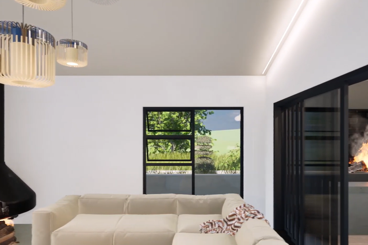 Modern living room featuring a striking suspended fireplace, recessed ceiling lighting, and large sliding doors opening to an outdoor entertainment area with a built-in fireplace.