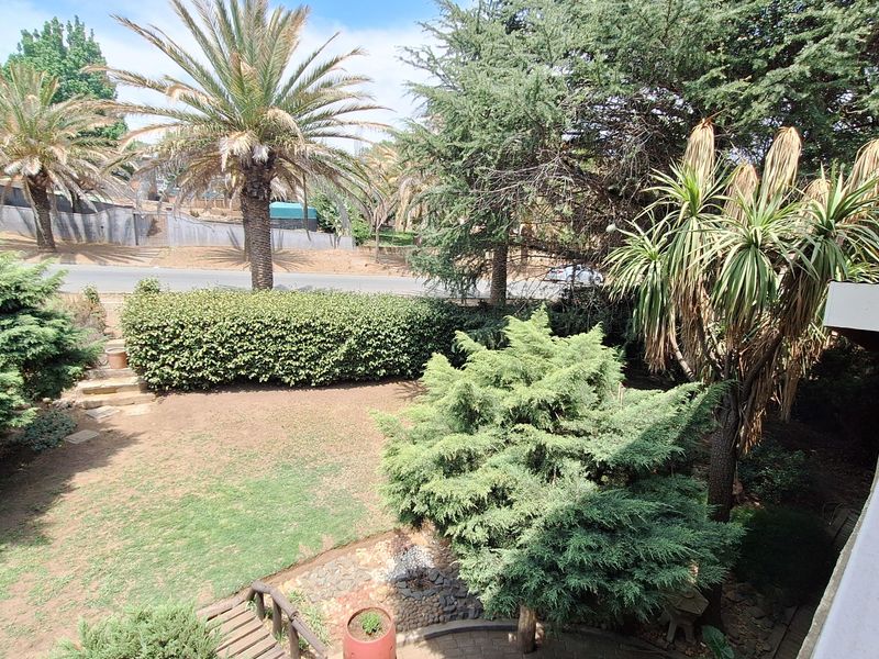 An elevated view of a residential garden featuring a paved patio area, established trees, palm trees, and a small wooden bridge feature.