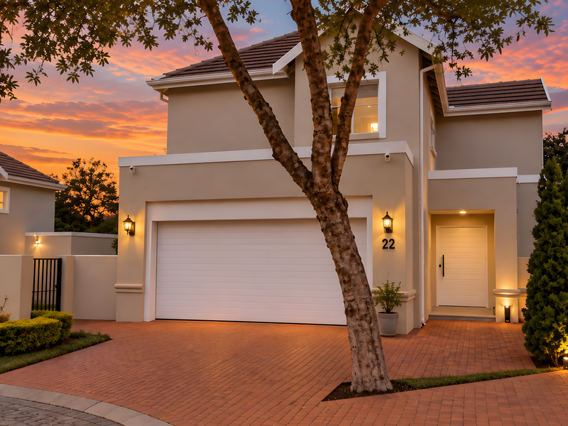A well-maintained townhouse exterior featuring a paved driveway, automated garage, and modern facade lighting at dusk.
