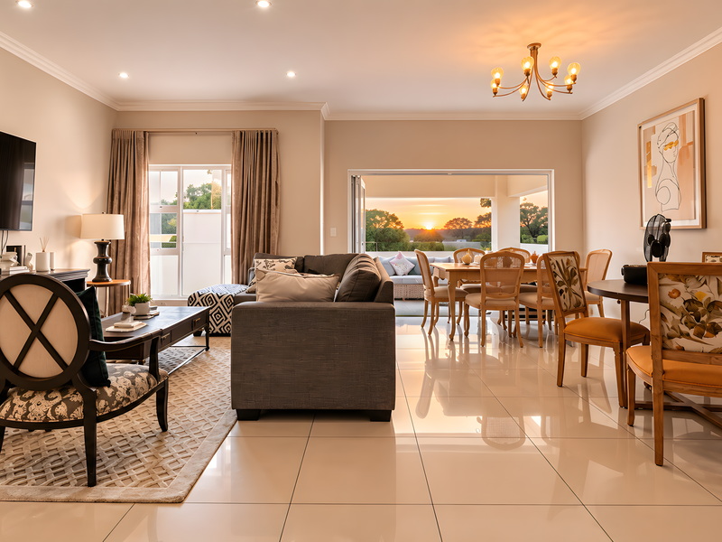 Spacious open-plan living and dining area featuring polished porcelain tiles, recessed lighting, and seamless flow to an outdoor patio with sunset views.