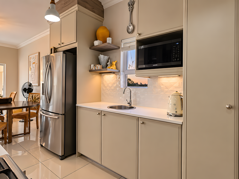 Modern open-plan kitchen featuring sleek cabinetry, integrated microwave, tiled backsplash, and high-quality porcelain flooring, seamlessly flowing into the dining area.