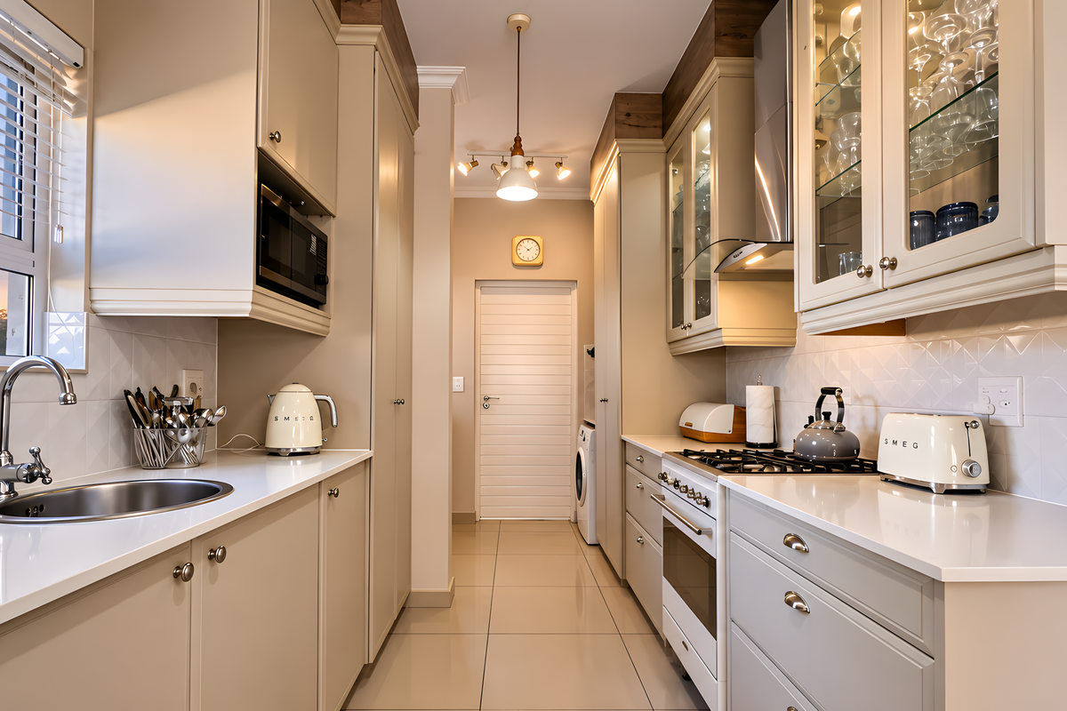 Modern galley-style kitchen featuring high-quality cabinetry, quartz countertops, integrated appliances, gas hob, and elegant tiled finishes with ample storage space.