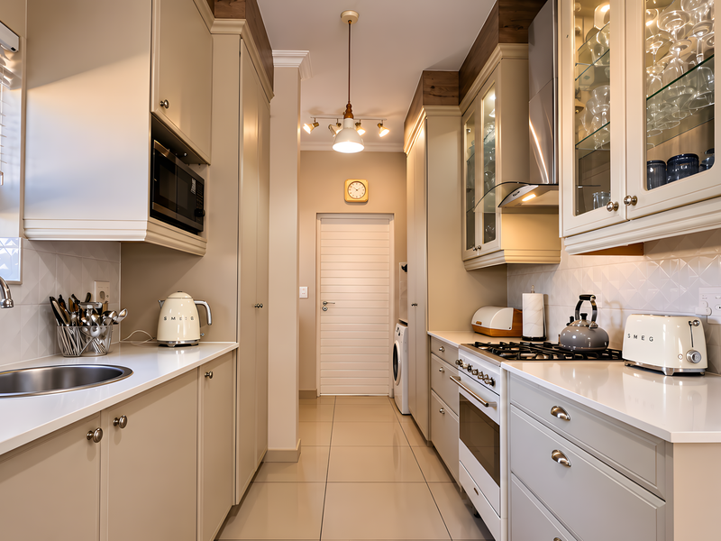 Modern galley-style kitchen featuring high-quality cabinetry, quartz countertops, integrated appliances, gas hob, and elegant tiled finishes with ample storage space.