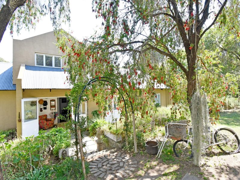A rear view of the house featuring a stone pathway, metal garden arch, and mature trees leading to the entrance.
