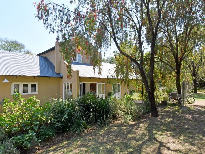 Rear view of a traditional house featuring a corrugated metal roof, plastered walls, and multiple access points through french doors into the garden.
