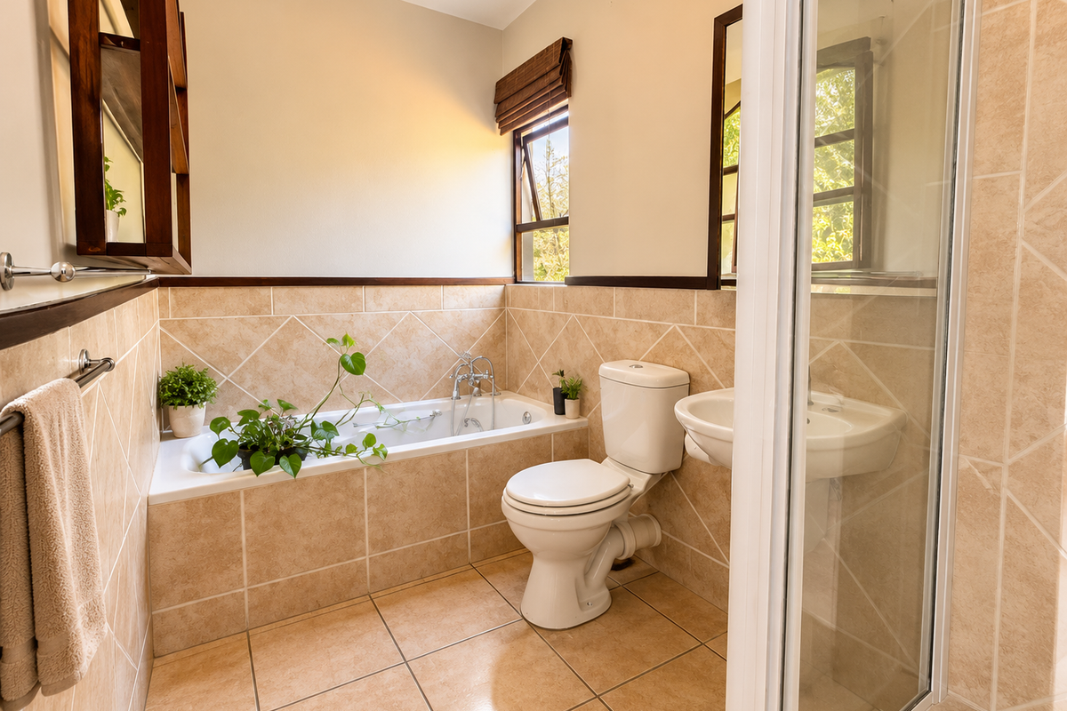 A well-maintained bathroom featuring a built-in bathtub, separate shower enclosure, toilet, and wall-mounted basin with neutral tiled finishes.