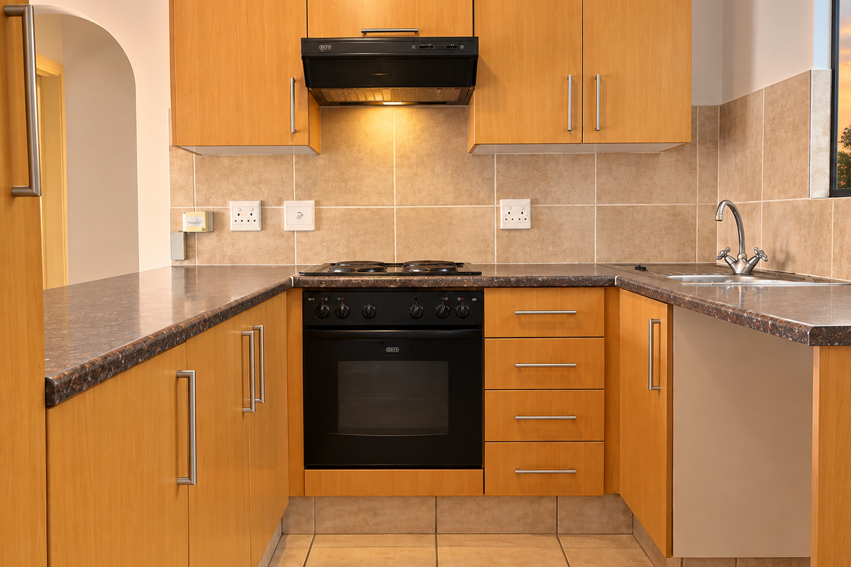 A functional kitchen featuring light wood-finish cabinetry, dark laminate countertops, built-in oven with hob, extractor fan, and neutral tiled backsplash and flooring.