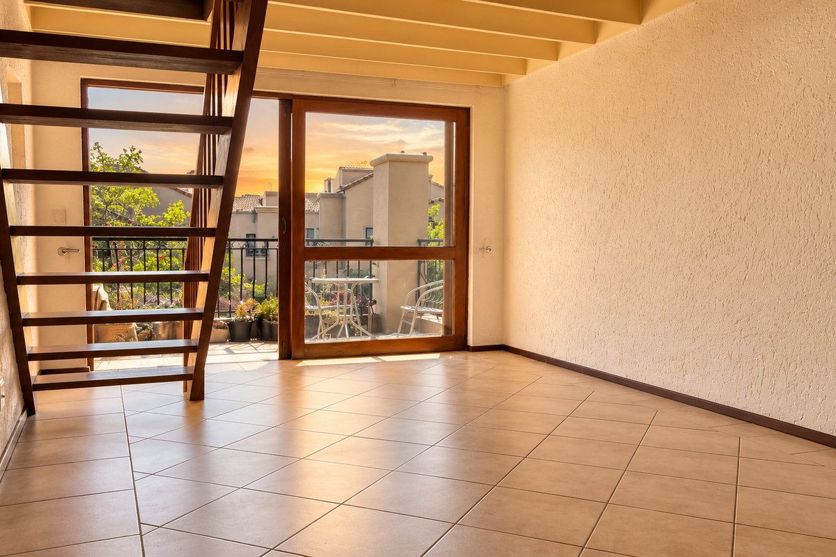 An empty living room featuring tiled flooring, exposed ceiling beams, and a wooden staircase, with direct access to a balcony through sliding glass doors.