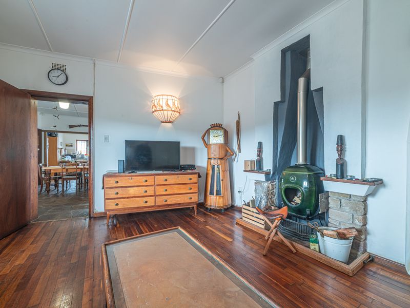 Living room featuring polished hardwood flooring and a distinctive green freestanding fireplace with a stone hearth.