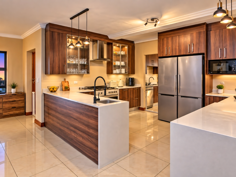 Modern kitchen featuring dark wood cabinetry, stone countertops, a central island, and high-end stainless steel appliances with polished tile flooring.