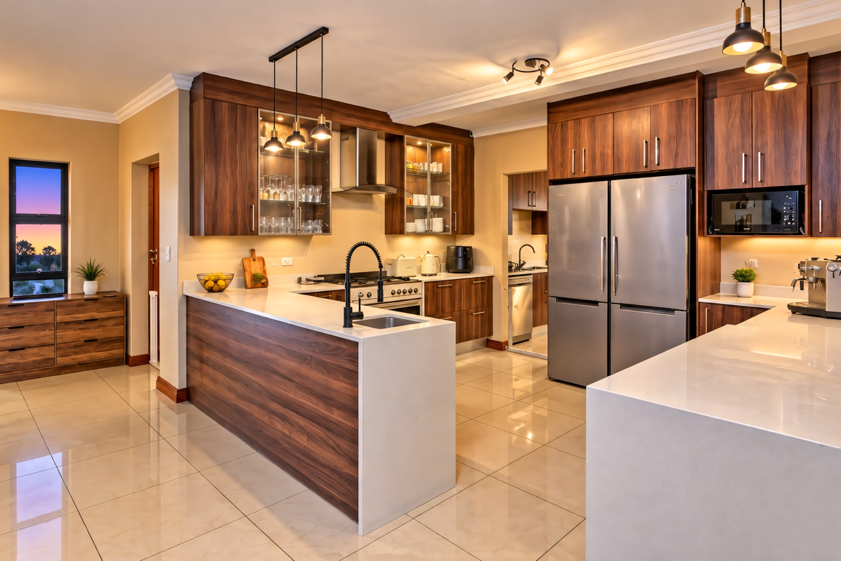 Modern kitchen featuring dark wood cabinetry, stone countertops, a central island, and high-end stainless steel appliances with polished tile flooring.