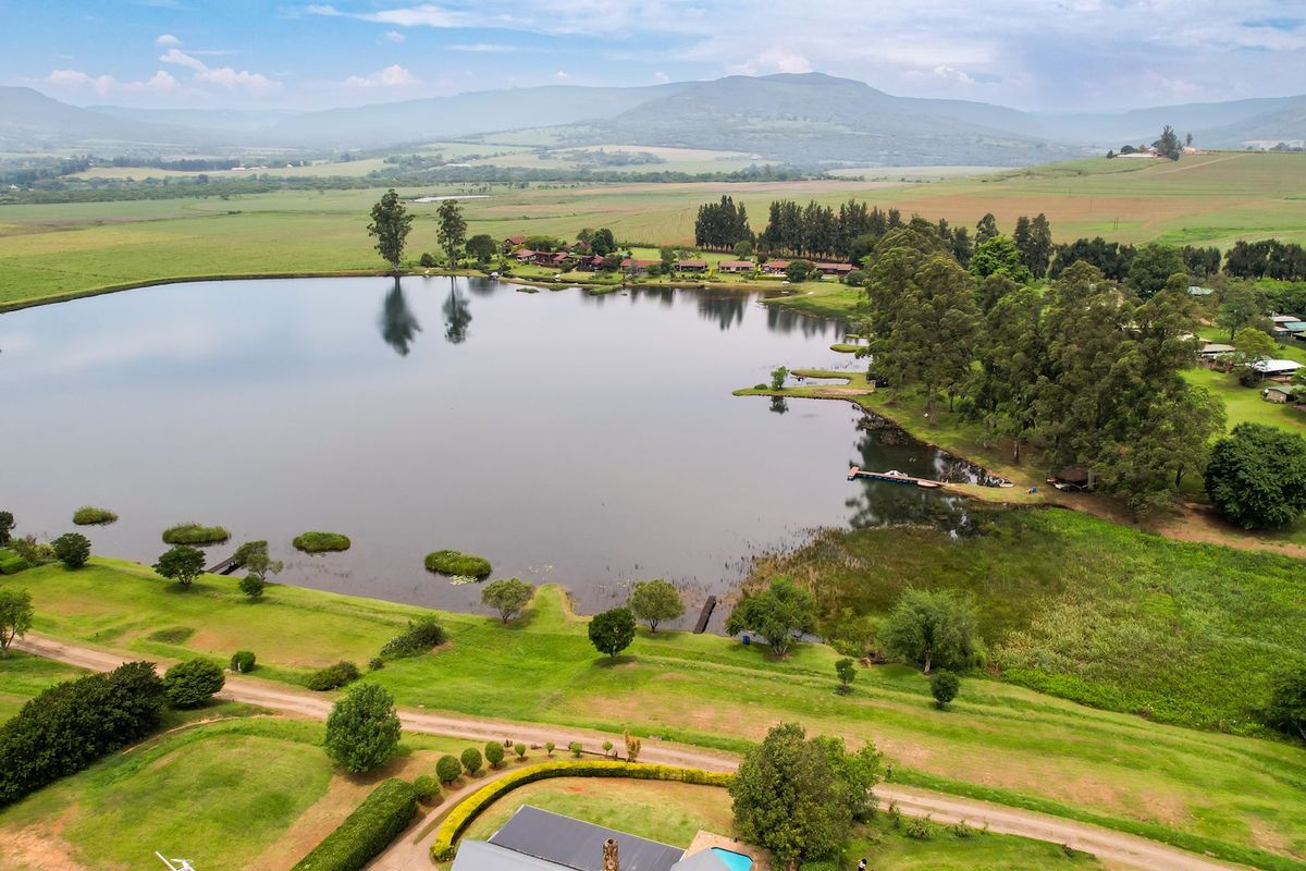 An expansive aerial view of a large lake surrounded by lush green landscape, mature trees, and open residential land.
