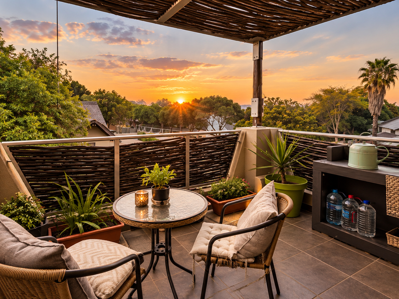 A well-maintained balcony featuring tiled flooring, a timber pergola, and a woven privacy screen, offering a scenic sunset view.