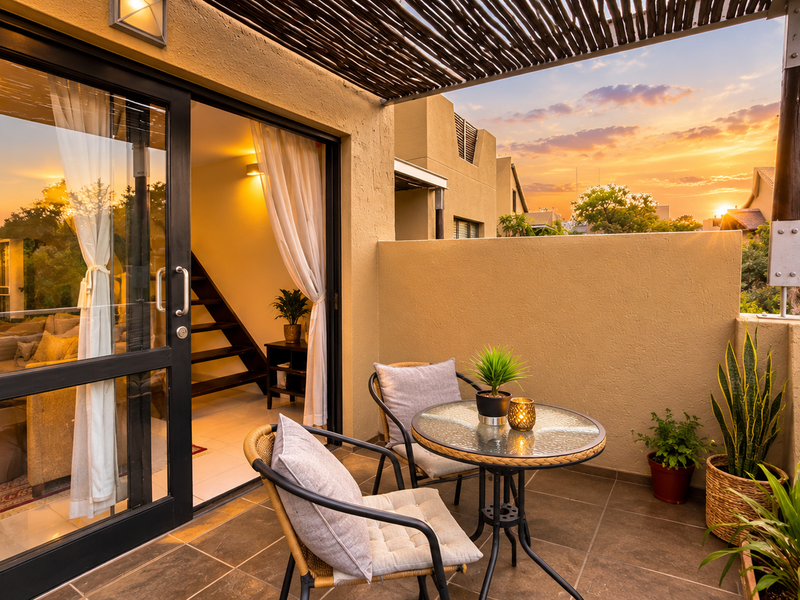 A well-maintained balcony featuring tiled flooring, a timber pergola, and a sliding glass door providing access to the interior living space.