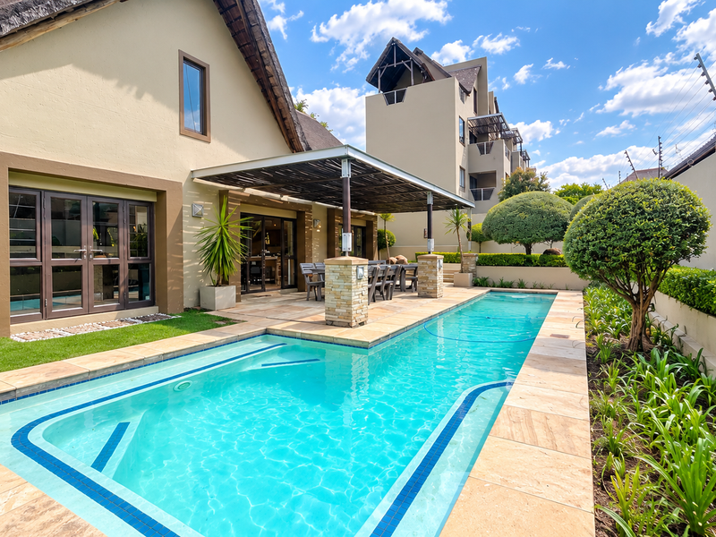 A well-maintained outdoor pool area featuring a sparkling swimming pool, stone-clad patio pillars, and a beautifully landscaped garden with electric perimeter fencing.