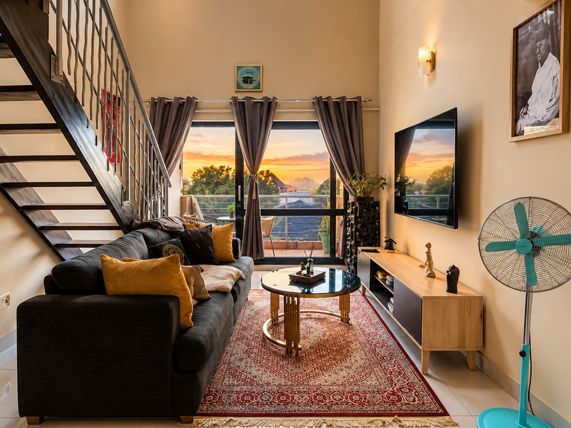 A well-lit living room featuring a staircase with a metal balustrade, tiled flooring, and a large sliding glass door leading to a balcony.