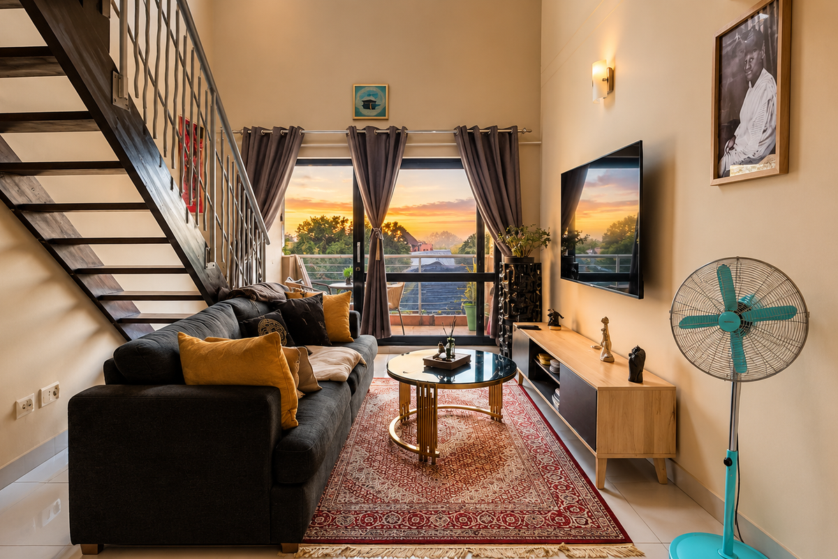 A well-lit living room featuring a staircase with a metal balustrade, tiled flooring, and a large sliding glass door leading to a balcony.