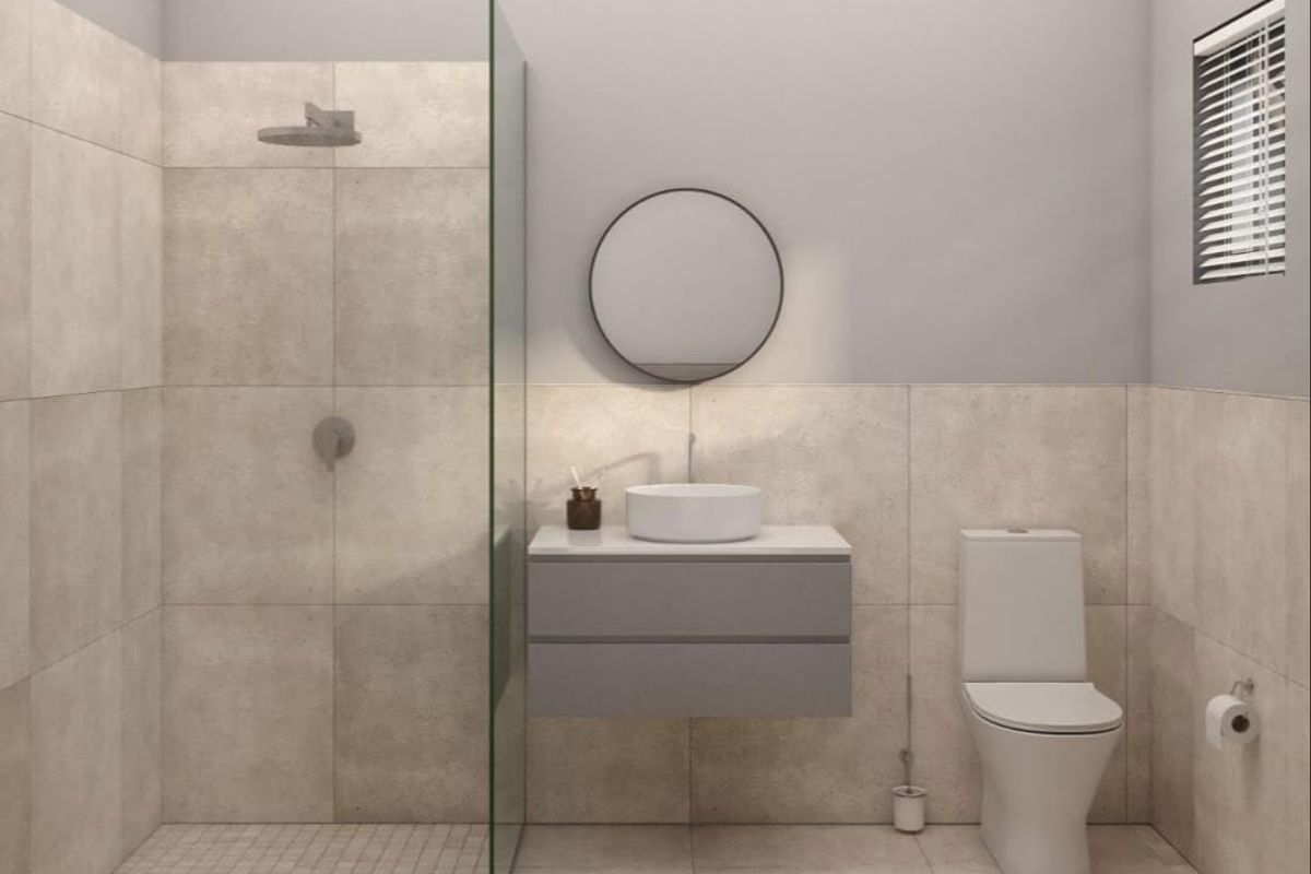 Modern bathroom featuring a walk-in shower with glass screen, wall-mounted vanity with vessel sink, and neutral floor-to-ceiling tiling.