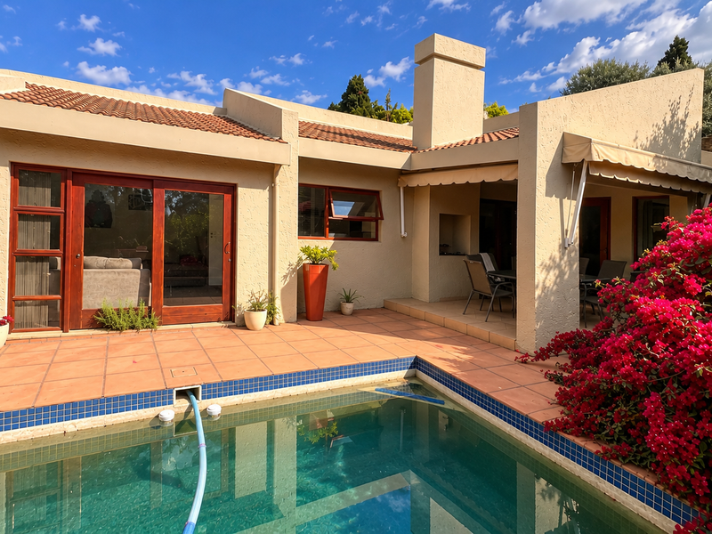 Rear exterior view featuring a swimming pool, tiled patio area, and a covered outdoor space with a chimney and retractable awning.