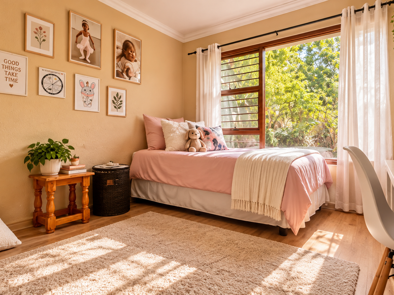 A bright and well-maintained bedroom featuring laminate flooring, built-in shelving, and a large window with security bars overlooking a lush garden.