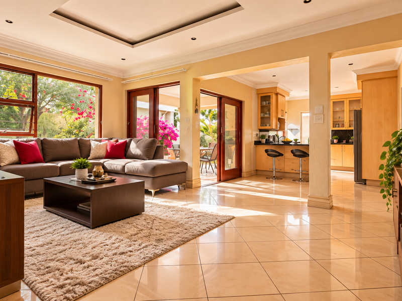 Spacious open-plan living and kitchen area featuring tiled floors, recessed ceiling details, and large sliding doors that provide seamless access to the outdoor patio.