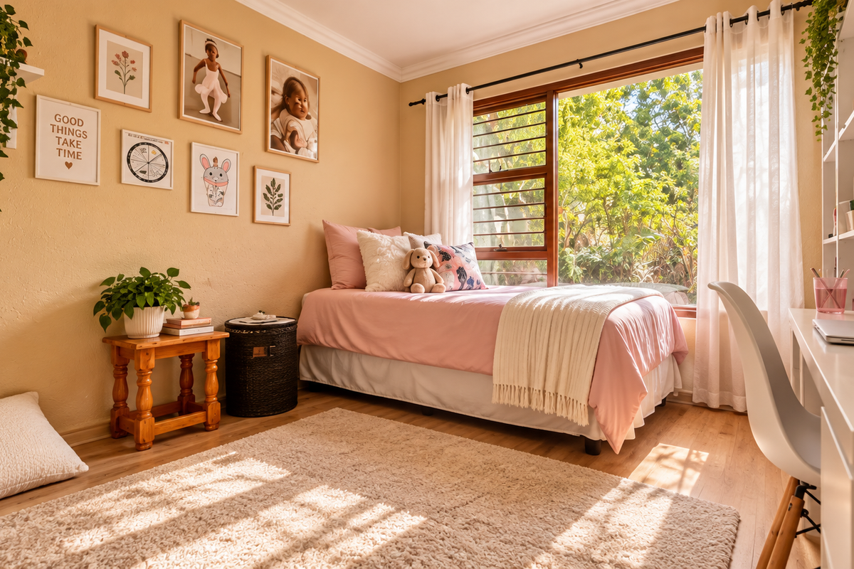 A bright and well-maintained bedroom featuring laminate flooring, built-in shelving, and a large window with security bars overlooking a lush garden.