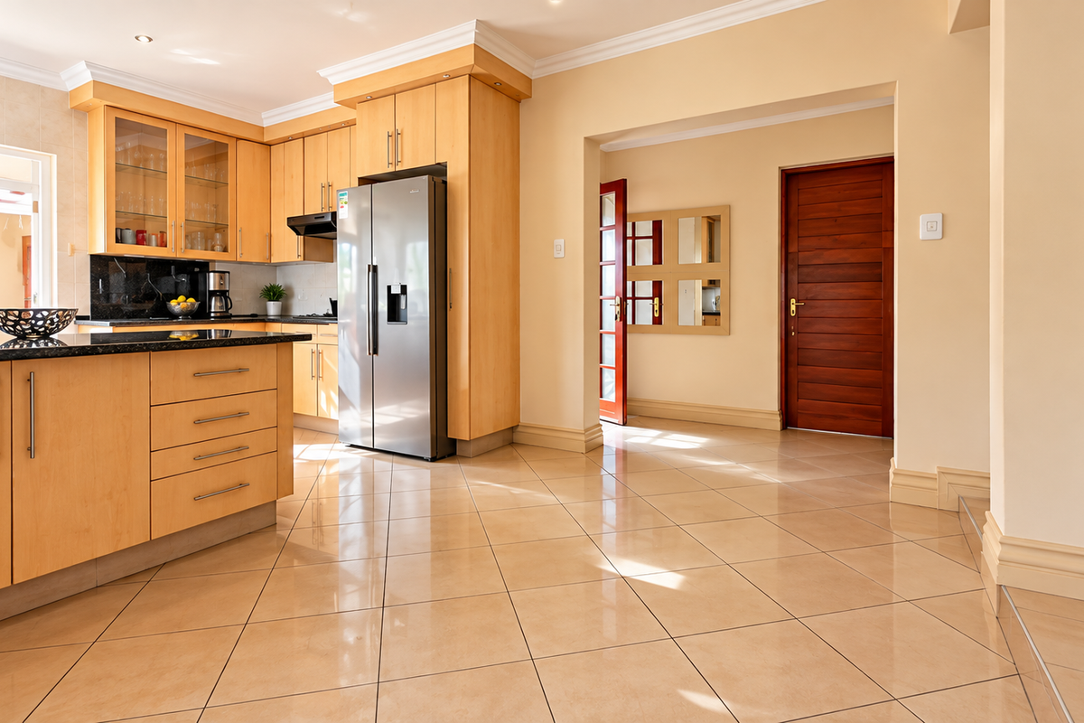 A well-maintained kitchen featuring light wood cabinetry, granite countertops, and polished tile flooring, leading into a hallway with a solid wood door.